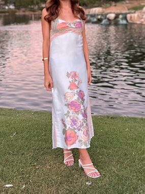🌸🌺🌼Free People Intimately Light Blue Floral Lace Trim Long Slip Dress🌼🌺🌸